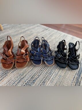 LOT of 3: Black, Denim Blue, and Brown Leather Slingback Sandals